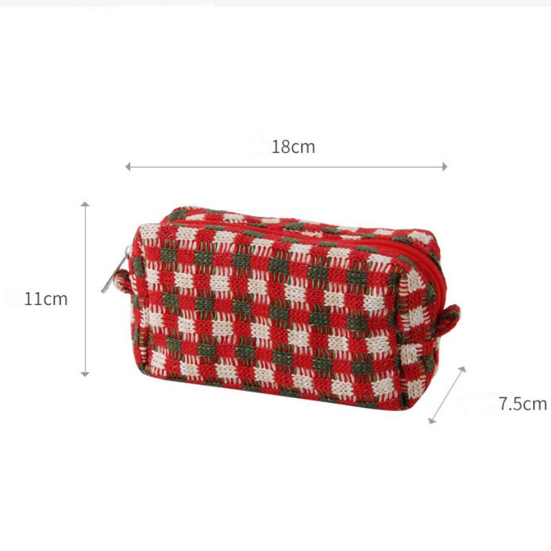 New Cosmetic Bag Knitted Red Green Plaid Large Capacity Makeup Bag Storage Pouch Pen Bag Travel Portable Wash Bag Christmas Gift