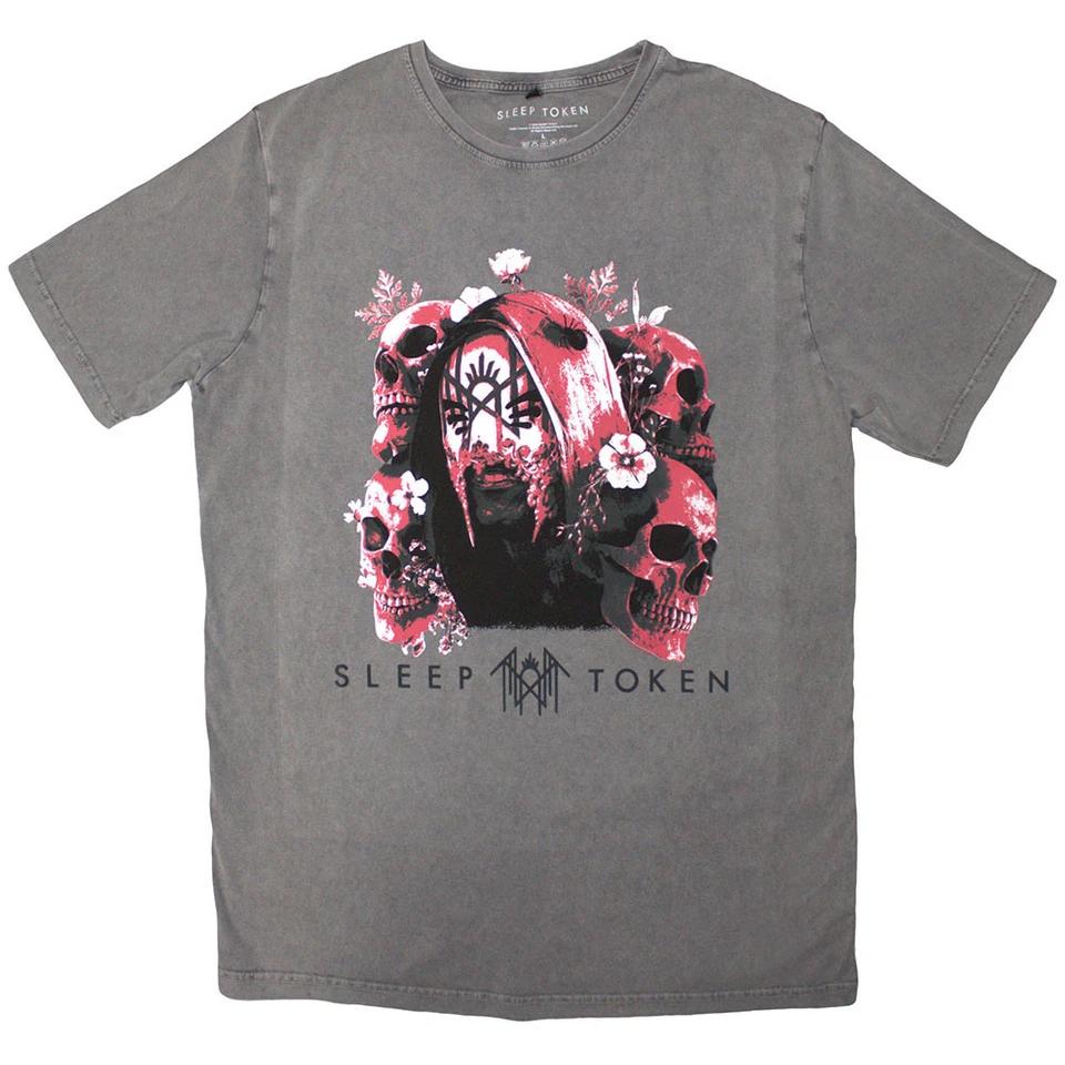

Sleep Token Unisex Stone Wash T-Shirt: Skulls & Flowers (Grey) (Large) XL