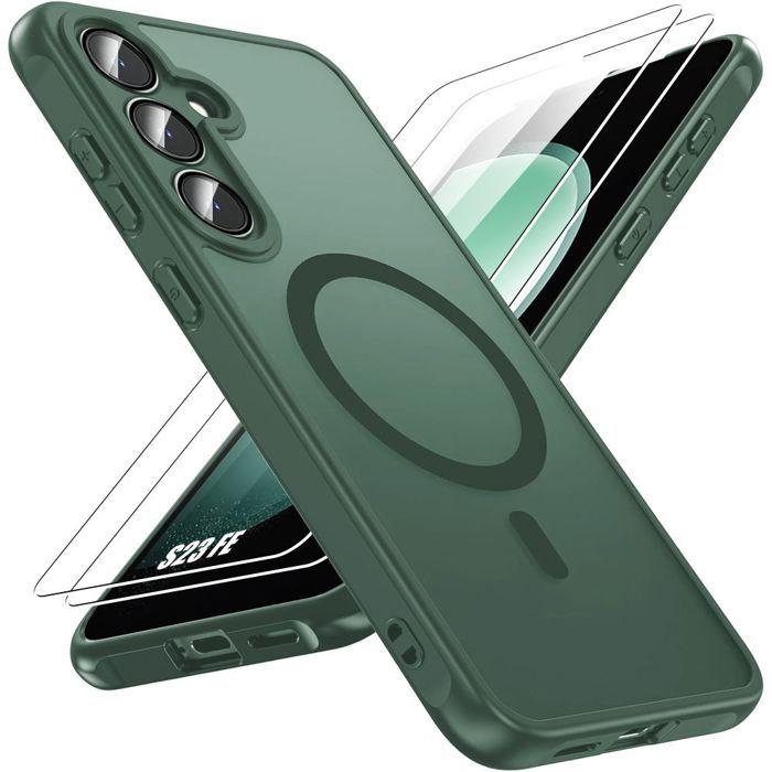 Coque pour Samsung Galaxy S23 FE, avec Anneau Magnétique Film Caméra - Vert Nuit - 2 Verres Trempés
