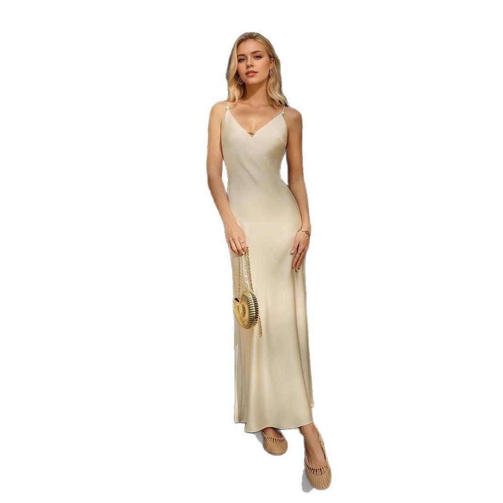 New European and American Satin Dresses, V-neck Backless Solid Colors, Fashionable High-end Long Dresses, Slip Dresses, Evening Dresses