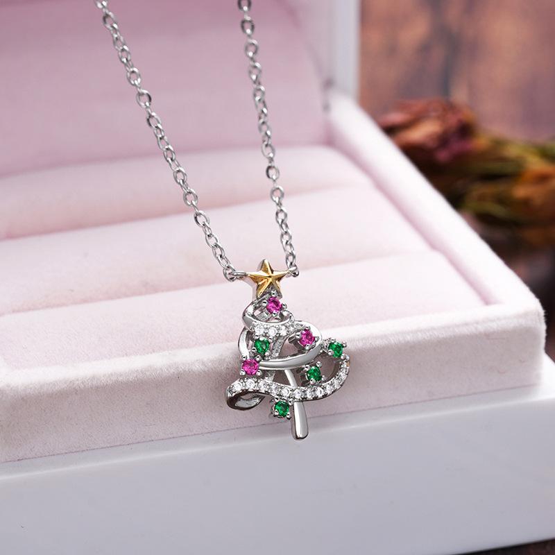 Silver Tone Hollow Christmas Tree Pendant Necklace Multicolor Crystal Star Top Xmas Holiday Women Kids Fashion Jewelry