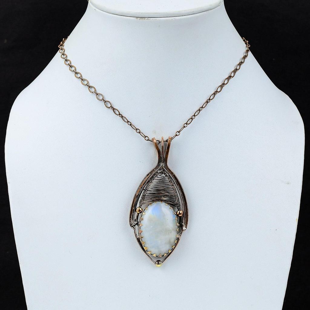 Moonstone Gemstone Pure Copper Wire Wrapped Handmade Pendant Jewelry Gift For Her