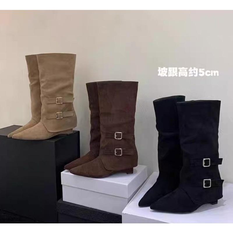 New Style Luxury Boots Vintage Pointed Toe Block Heel Plus Size Metal Belt Buckle Skinny Thigh Boots Scrub Leather Tall Boots
