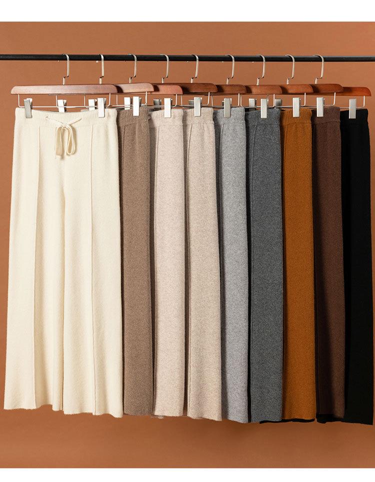 Dámské vlněné kalhoty s vysokým pasem a širokými nohavicemi - Podzimní/zimní ležérní pletené kalhoty ke kotníkům