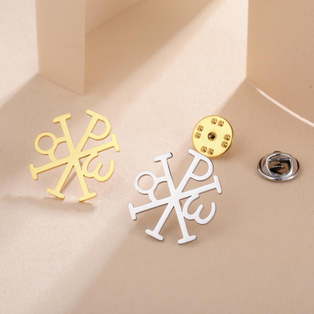 Dawapara Chi Rho Cross Brooch Pins Christogram Greek Symbol Religious Jesus Christian Jewelry Stainless Steel