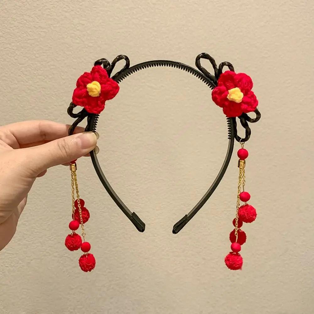 Flower Children Wig Headband Braid Hair Tang Suit Hair Hoop Chinese New Year Headwear Ancient Style Tassel Red Bow Hairband Baby