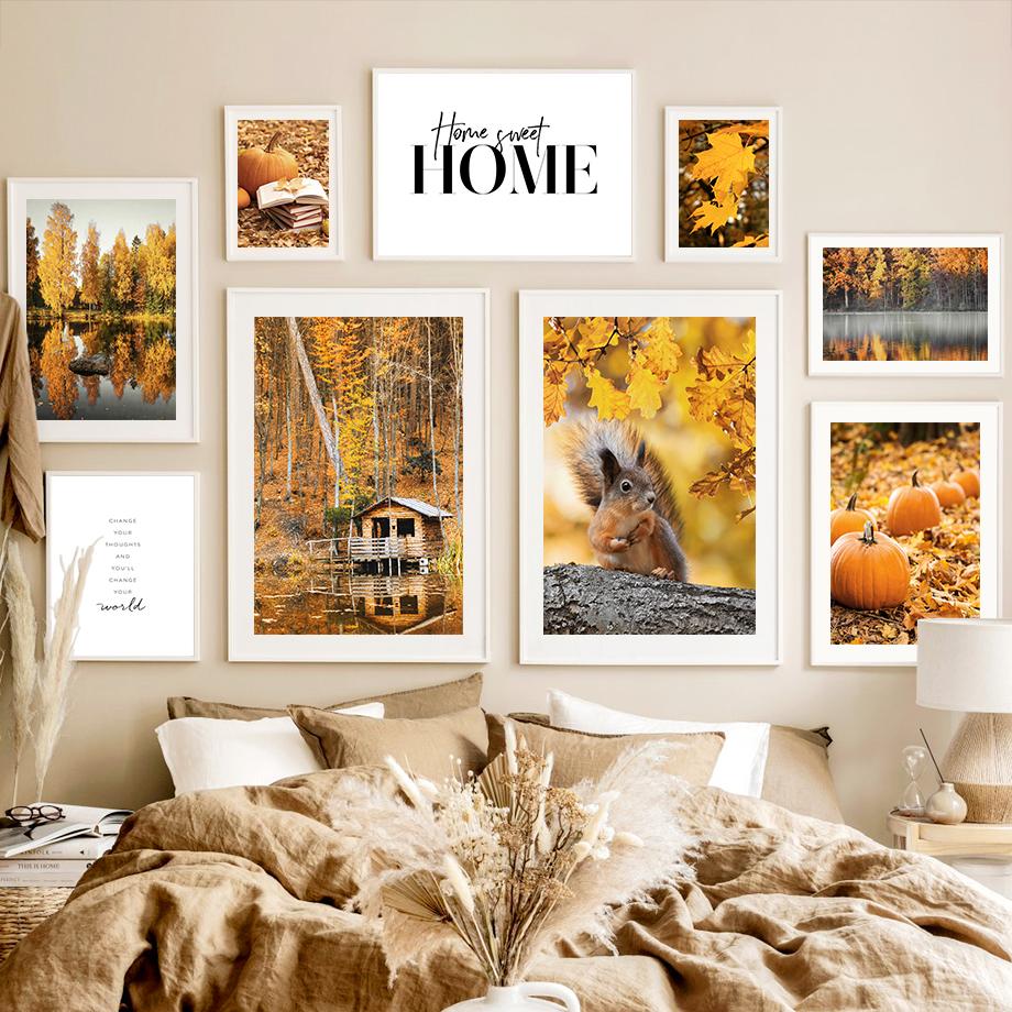 Autumn Forest Wood Cabin Pumpkin Squirrel Nordic Posters And Prints Wall Art Canvas Painting Wall Pictures For Living Room Decor