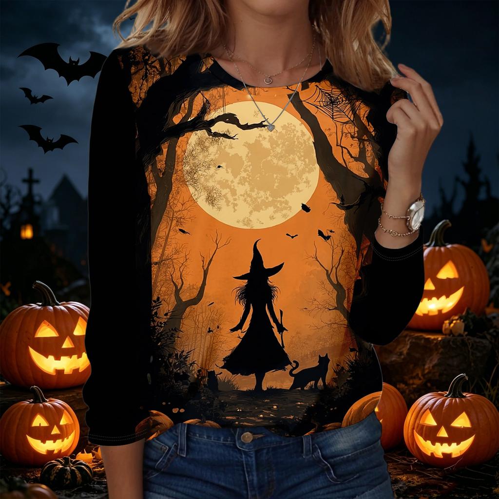 Women's Halloween Print Pullover Sweatshirt Long Sleeve Crew Neck Casual Top Comfortable Fit Seasonal Design