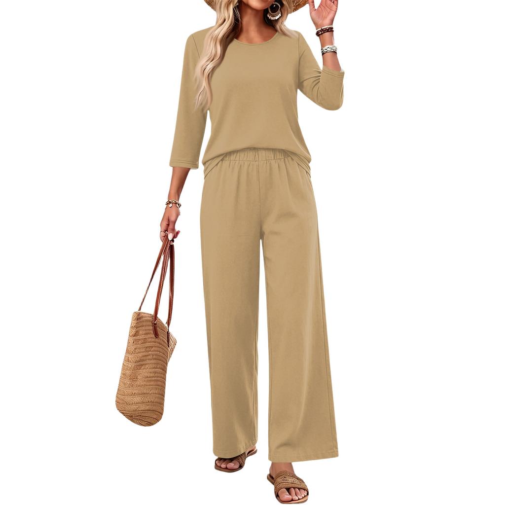 Women Casual Fashion Loose Fit Round Neck Three Quarter Sleeve Top Wide Leg Pants Set Lounge Wear Two Piece Outfit