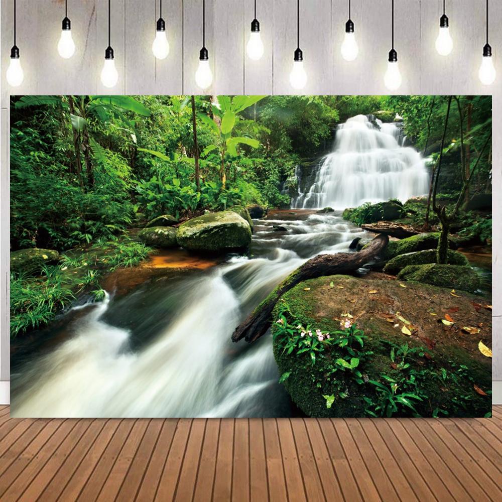 Forest Waterfall Scene Photograph Background Mossy Stream Tropical Rainforest Falls Home Decor Shower Portrait Shooting Backdrop3