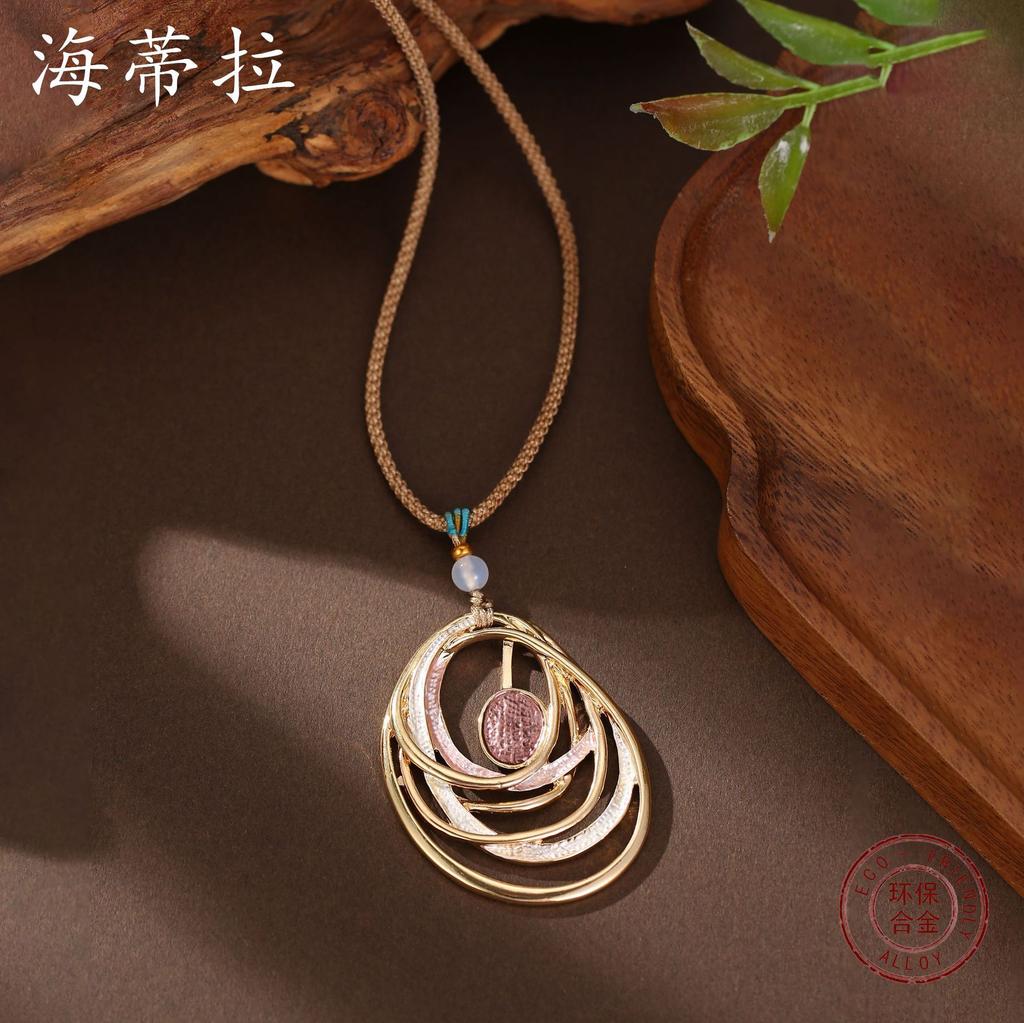 New Color Painting Oil Hollow Oval Braided Rope Long Pendant, Women's Retro Premium Flower Long Necklace