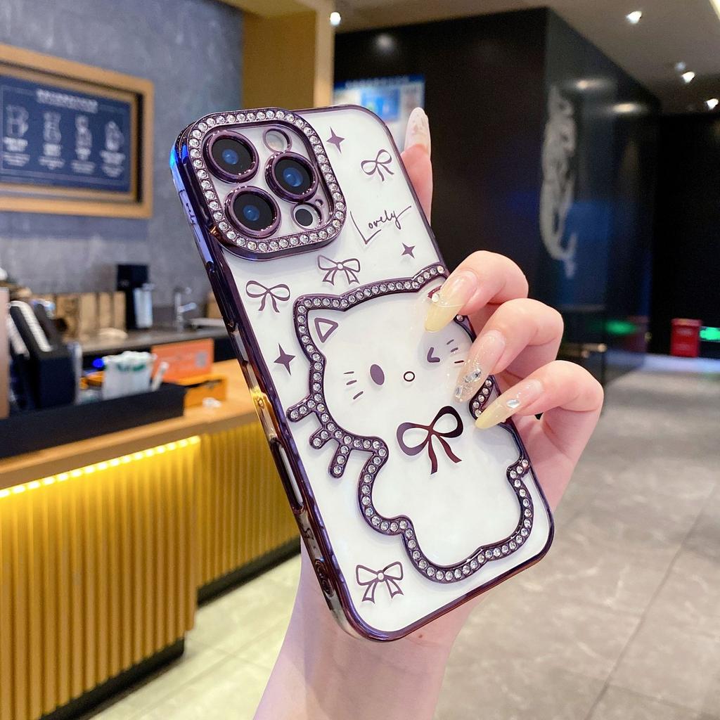 Electroplating Three-dimensional Point Drill Cute Cat iPhone16Promax Mobile Phone Case for Apple 15 Bow 14/13