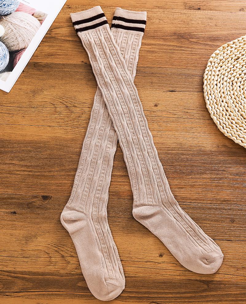Winter Two-Stripe Cable Knit Over-the-Knee Cotton Socks - Slimming Korean Academy Style Scrunch Socks for Women