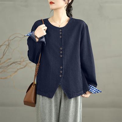 Women Casual Round Neck Loose Long Sleeve Solid Blouse