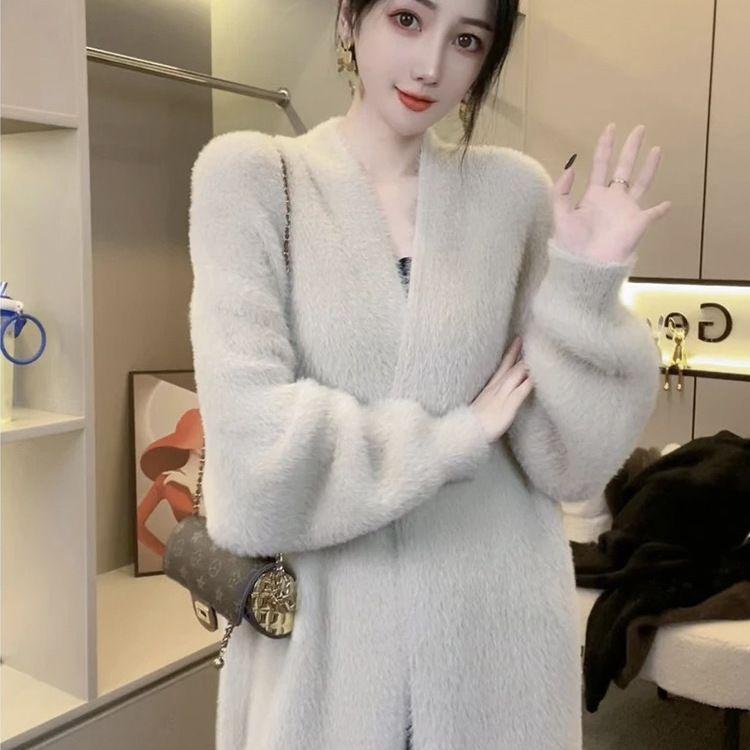 

Женская куртка из норкового флиса на осень/зиму, утолщенная теплая вязаная кофта-кардиган из норкового флиса, однотонный плюшевый вязаный топ 3XL светло-серый