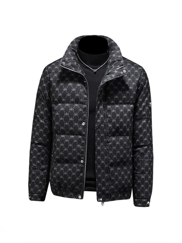 European Men's Stand Collar Winter Down Jacket - Slim Fit, Warm, Trendy Print, High-End Casual Style