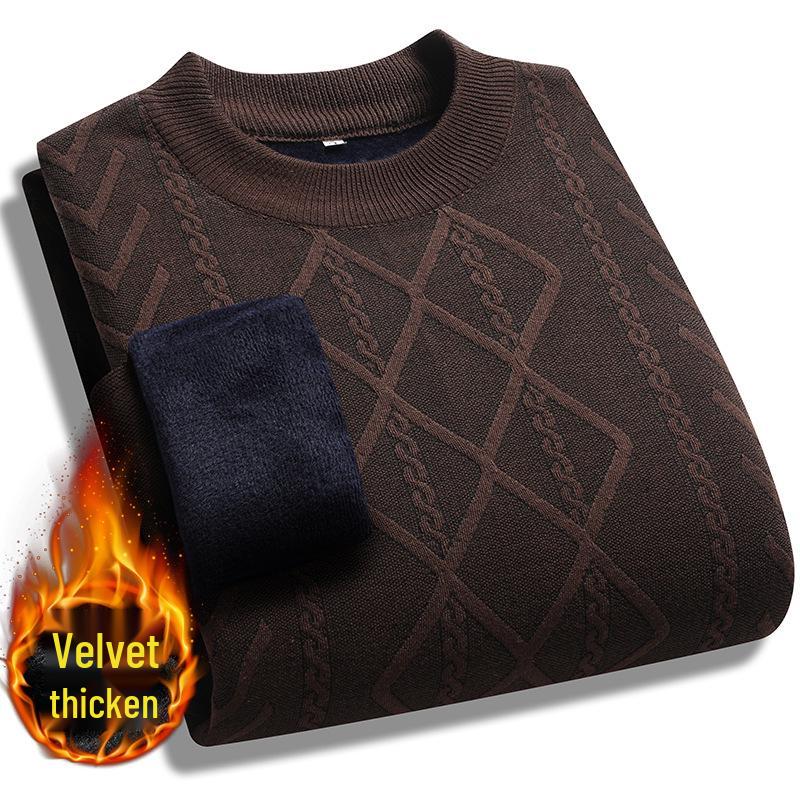Men's Autumn/Winter Fleece-Lined Sweater for Middle-Aged & Elderly - Warm, Thick, Round Neck Design