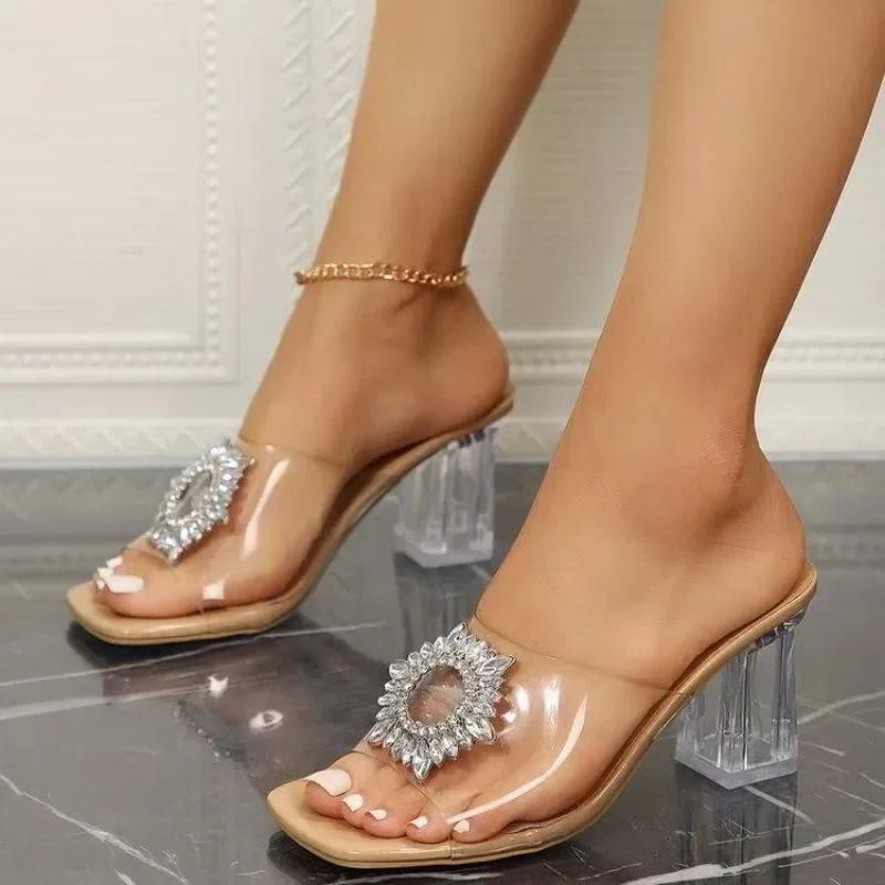 Fashion 2025 Summer New High Heel Women's ShoesSoft Bottom Comfortable and Elegant Fish Mouth Water Diamond High Heel Slippers for Women