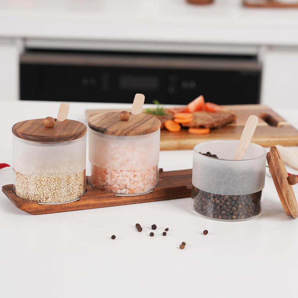 KKC Glass Condiment Storage Container with Wooden Stand and Storage Airtight Spice Storage Spoon, Container, Container, Sugar, Salt,