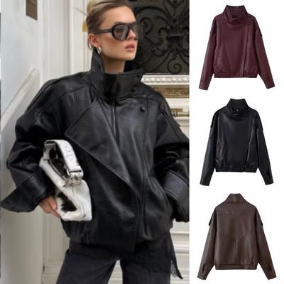 Damen Jacke mit Stehkragen und langen Ärmeln Oversized Streetwear Kunstleder Moto Mantel