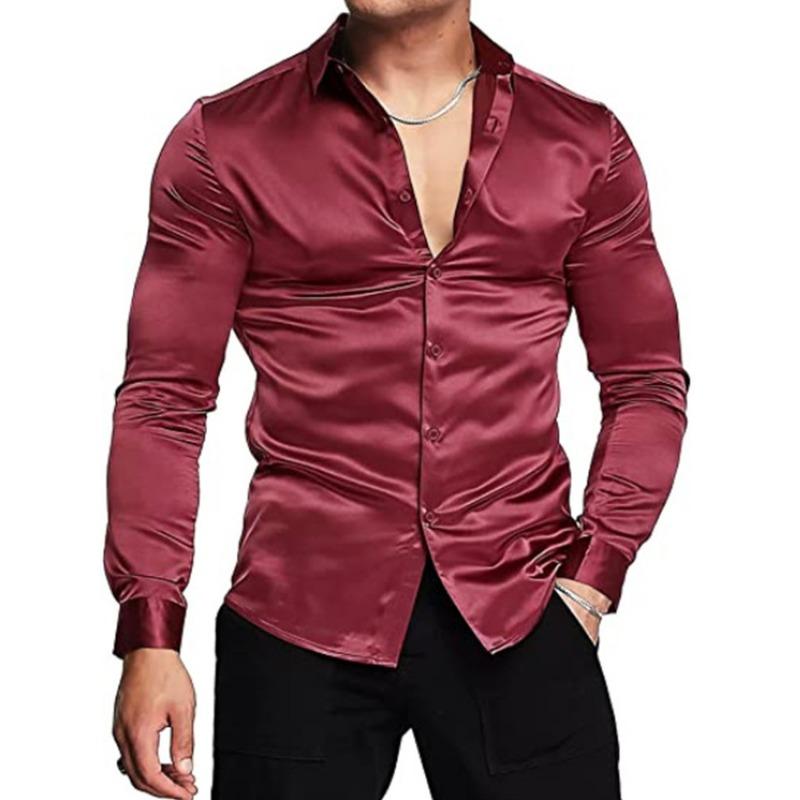 Men's Autumn Fashion Shiny Solid Color Casual Versatile Party Shirt