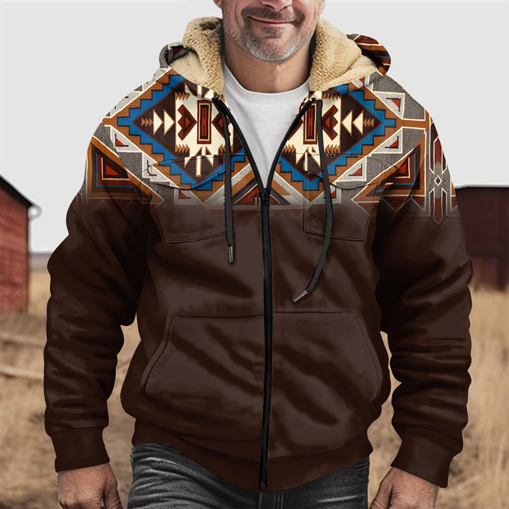 Men'S Winter Zipper Hooded Fleece Sweatshirt With Patch Pocket Casual Jacket