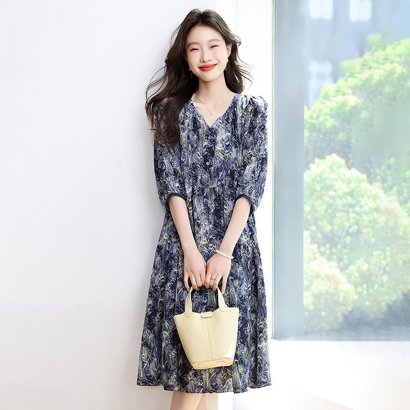 Loose belly-covering dress for women's new  design, thin middle-aged thin floral dress