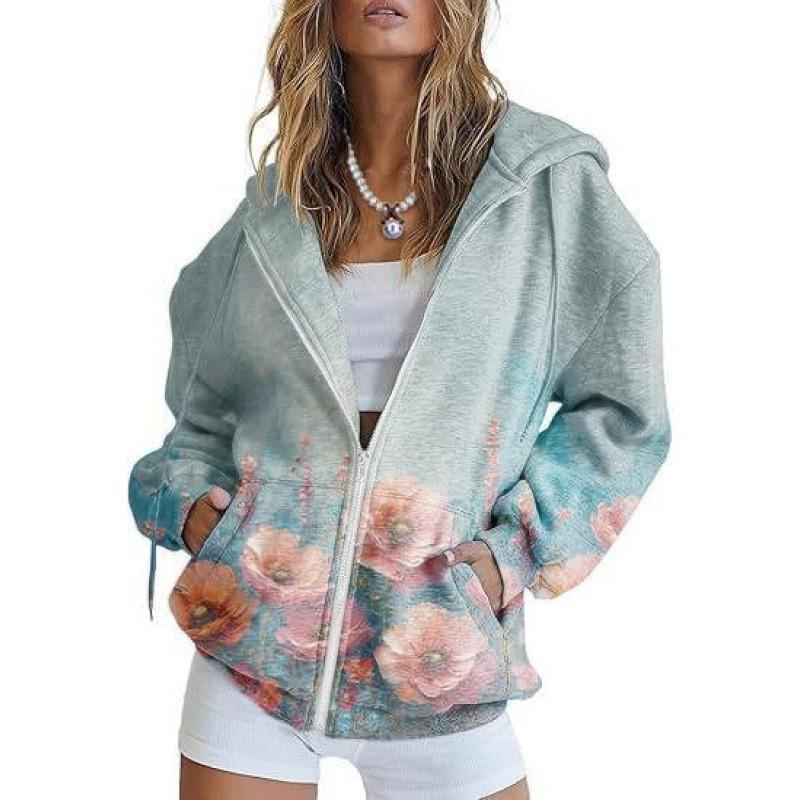 Womens Oversized Hooded Zip-Up Sweatshirt With 3D Printed Winter Casual Loose Fit