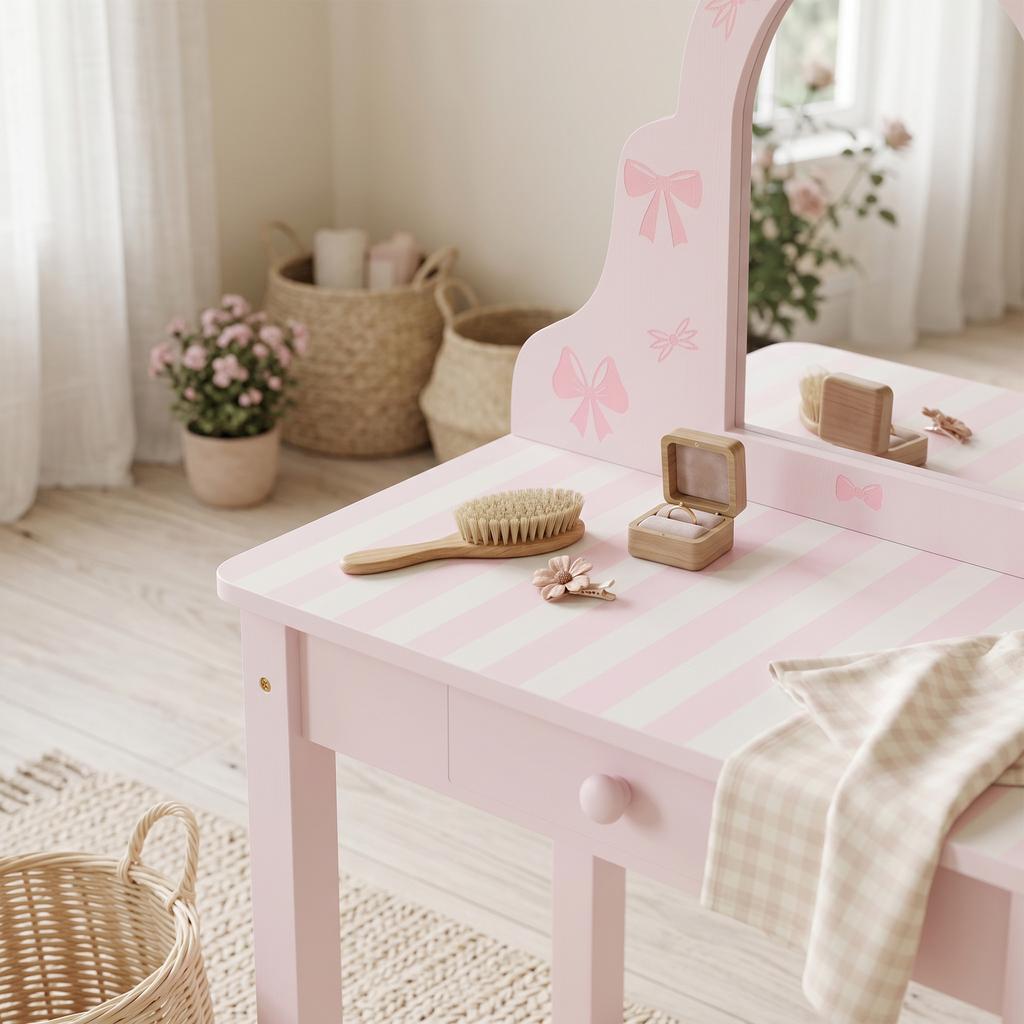 Kids Vanity Table Set 2 In 1 with Stool for Girls 3-6 Pink