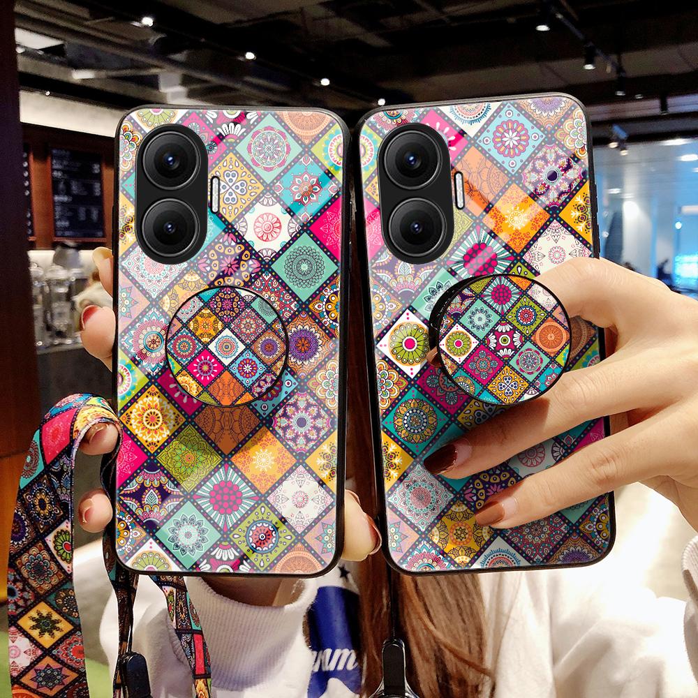 For Xiaomi Poco F7 5G/Redmi Turbo 4 Pro 5G Case Kickstand Ethnic Pattern Tempered Glass Phone Cover with Strap