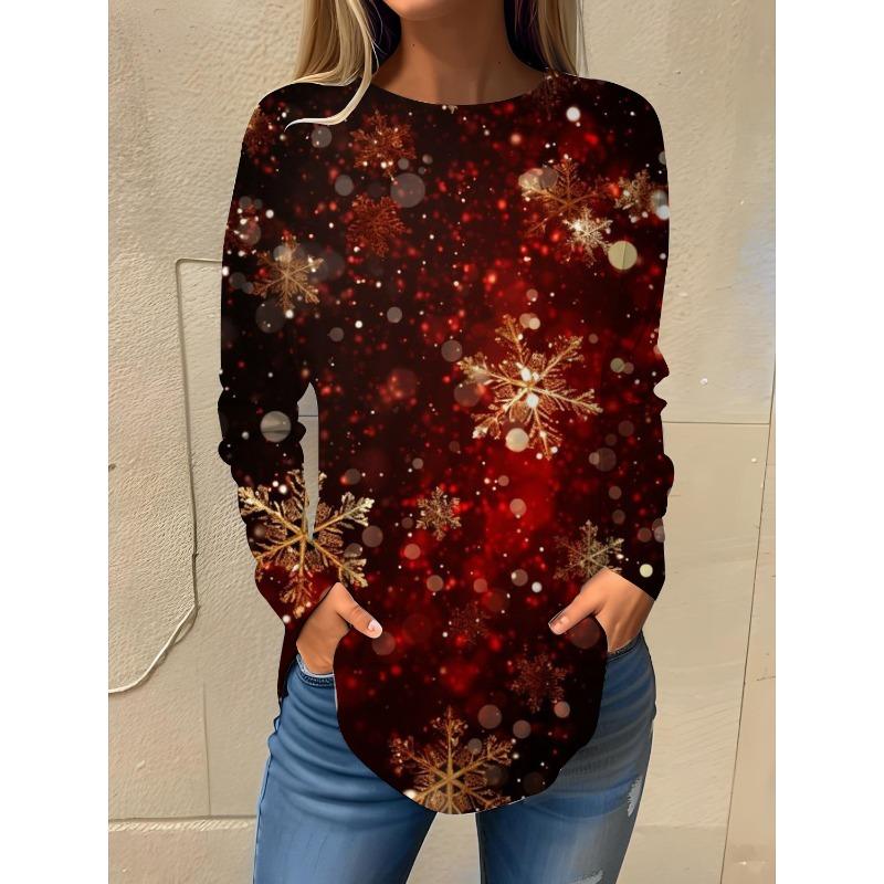 Camiseta de manga larga con cuello redondo y estampado 3D de copos de nieve con temática navideña, ropa de moda para mujer, ropa informal Y2K, ropa Harajuku para mujer