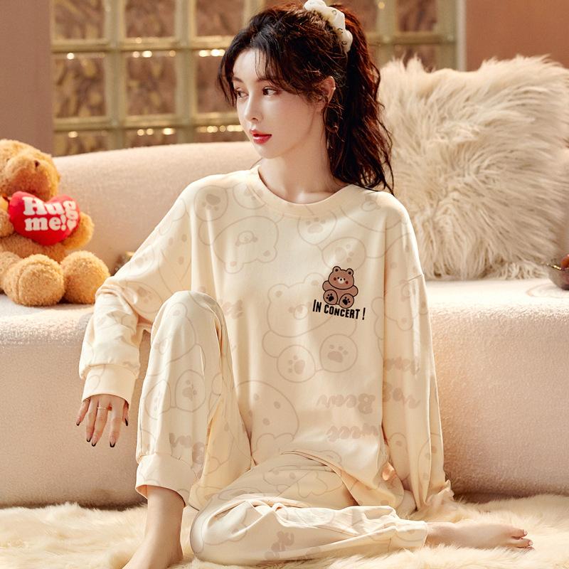 Cotton Family Clothing, Fall and Winter Tops and Pants, Girls' Cartoon Striped Pajamas, Loungewear, Women's