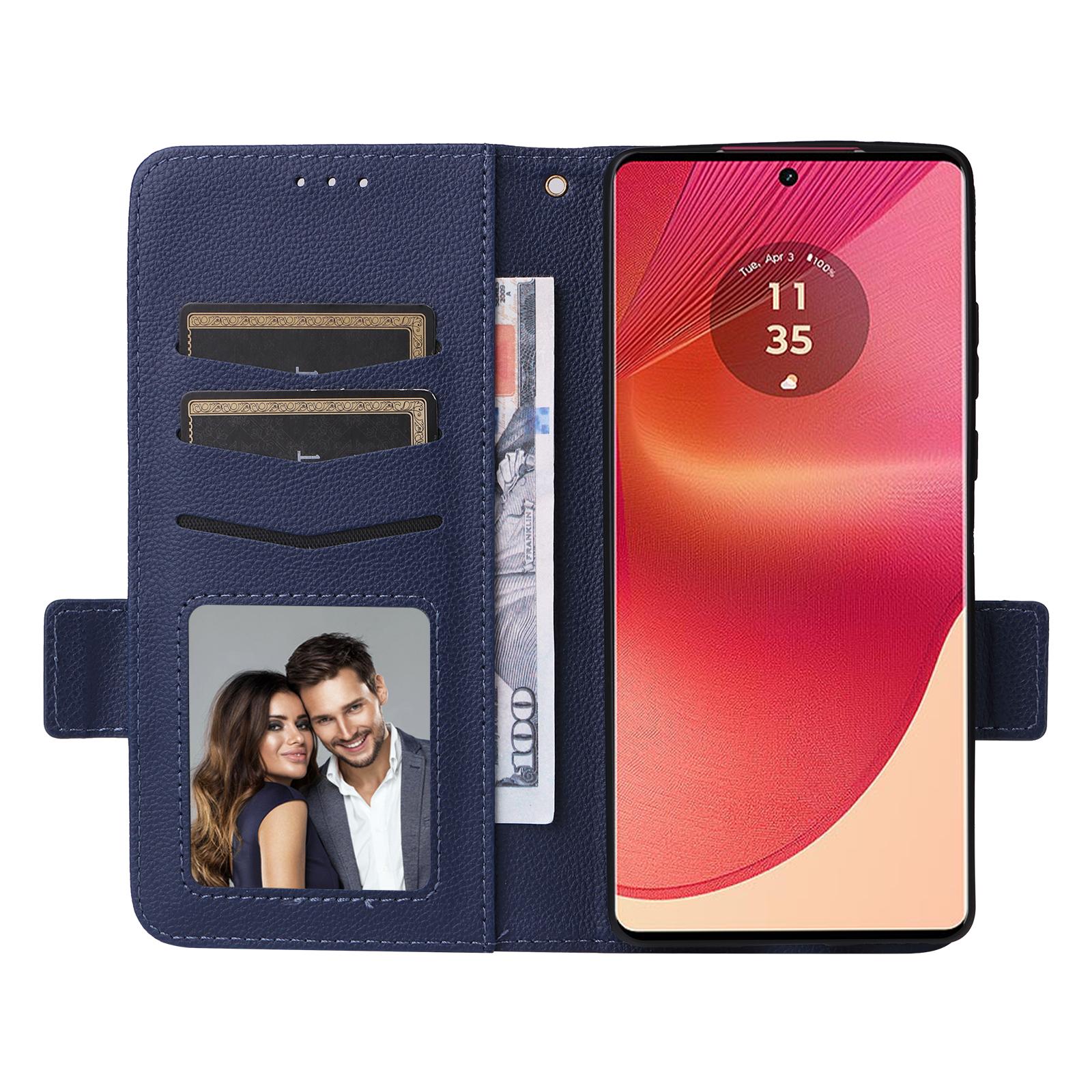 

For Motorola Edge 50 Fusion 5G Case with Wrist Strap Litchi Texture PU Leather Wallet Phone Cover Dark Blue