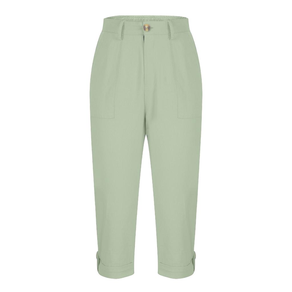 Women Casual Capri Pants High Waisted Rolled Cuff Ankle Pants Solid Color Pocket Detail Loose Fit Trousers