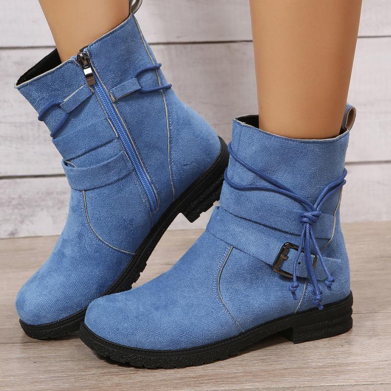 Women's Round-toe Side Zipper Low-heeled Plus-size Ankle Boots Flat Sole Buckle Suede High-top Shoes Retro Casual Shoes