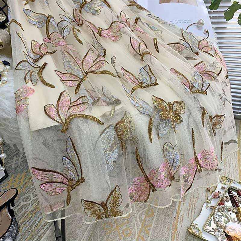   Women Summer Sequin Embroidered Mesh Skirt Loose Thin Casual Double Layer Skirt