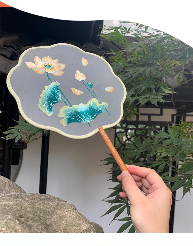 Lingjuan Palace Double-Sided Embroidered Lotus Fan: Beechwood Handle, Classical Chinese Dance Fan