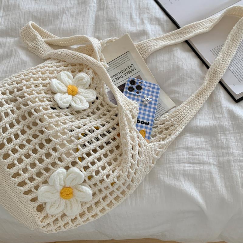 Yogodlns Fashion Summer Beach Floral Decor Women Shoulder Bag Female Hollow Handwoven Knitted Soft Handbag Large Casual Tote Bag