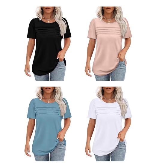 Women Summer T-shirt Round Neck Short Sleeve Tee Shirt Solid Color Lines Texture Loose Fit Pullover Tops Daily Wear