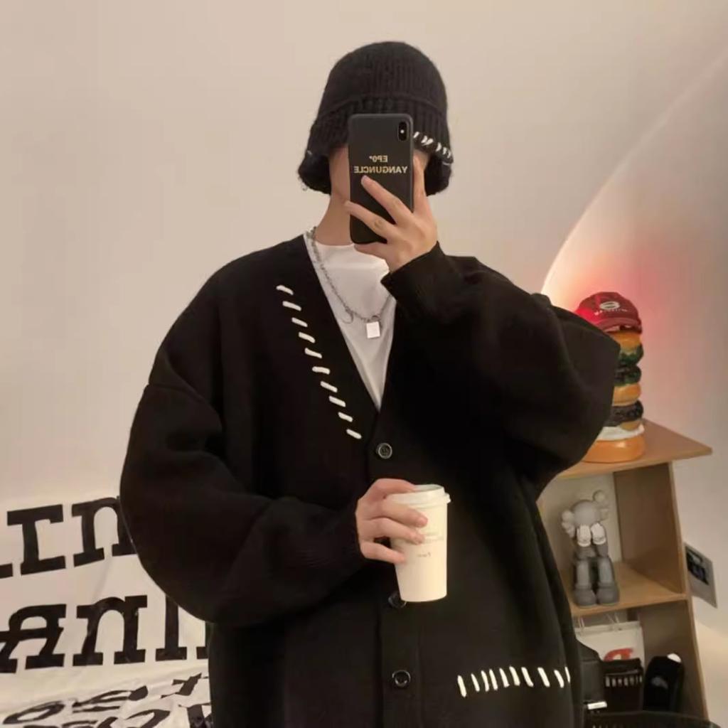 Men's Autumn Cardigan Knitted Sweater Trendy Brand Ruffian Handsome Advanced Sense Large Size Lazy College Style Japanese Retro Jacket