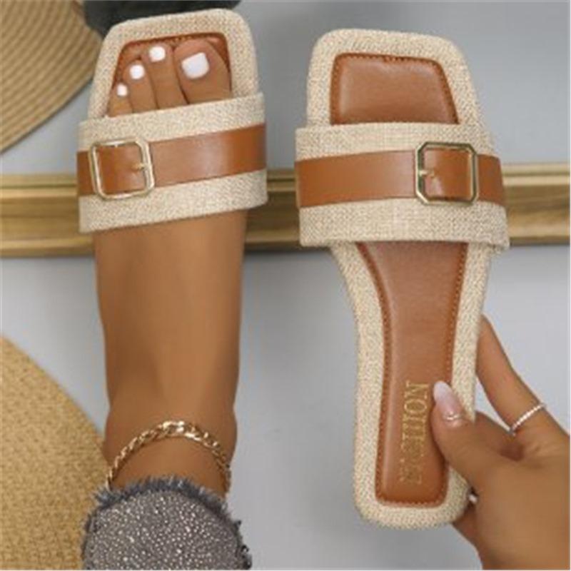 European and American Large-size Metal Buckle Flat Bottom Square Head One-word Slippers, Wearing Versatile Open-toed Dongmen Retro Cool Slippers Women
