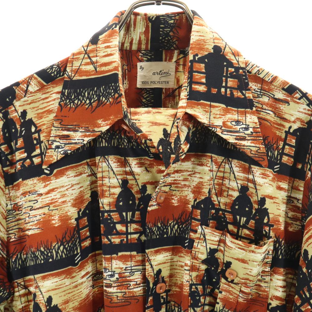 Vintage 70s Polyester Shirt Overall Handle Long Sleeve Shirt Brown Men's Used