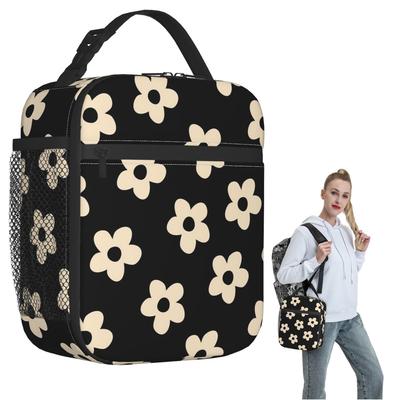 Cartoon Black And White Daisy Pattern Insulated Lunch Bag for Women Children Leakproof Food Boxes Thermal Lunch Box Tote