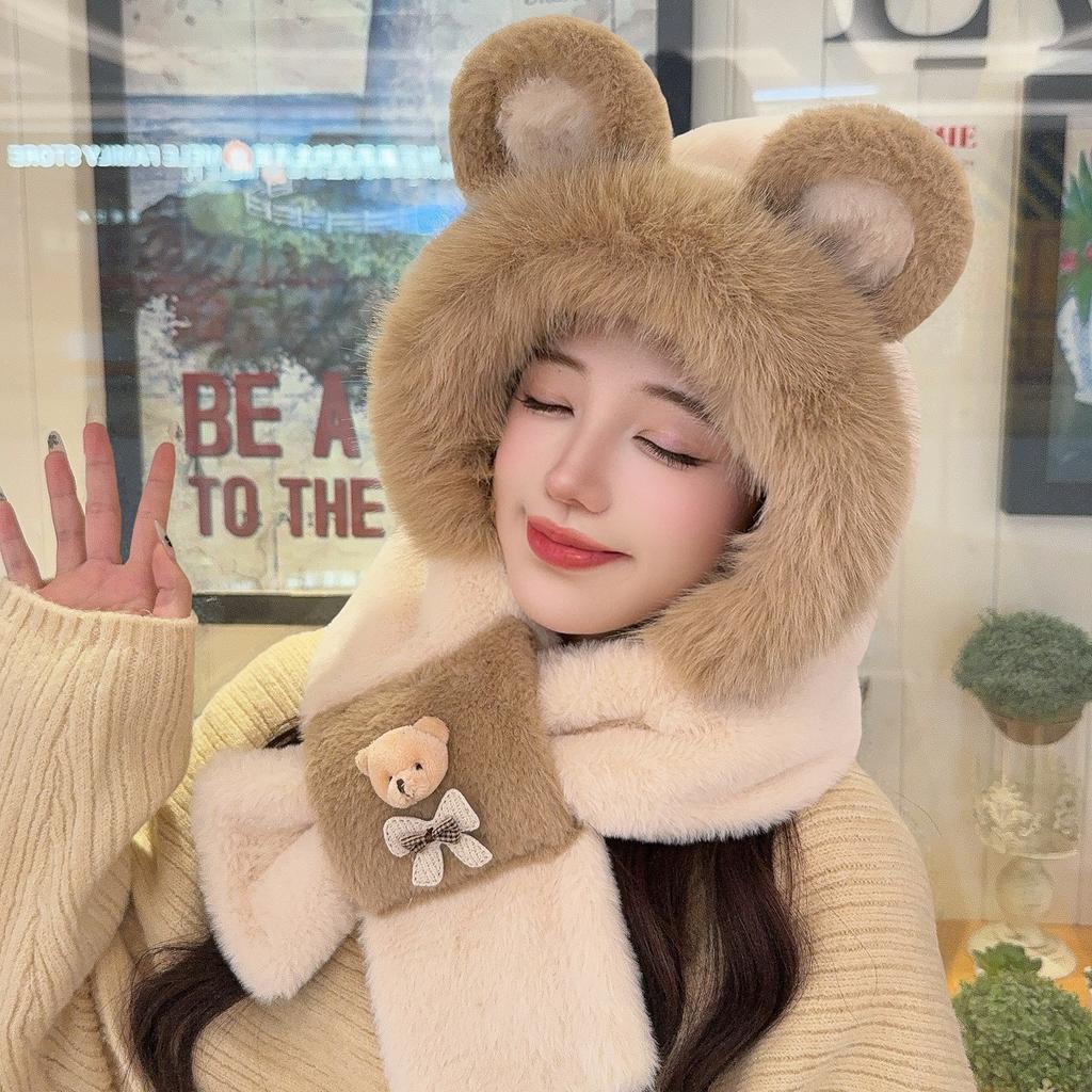 Hat winter warm cute scarf plush hat christmas deer gloves scarf integrated three-piece set versatile winter