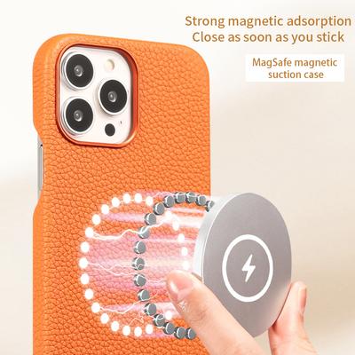 Pouzdro MagSafe pro iPhone 13 Pro Max 13 Mini 13Pro Přírodní hovězí kůže Lychee Magnetický luxusní kovový rám Zadní kryt pro telefon