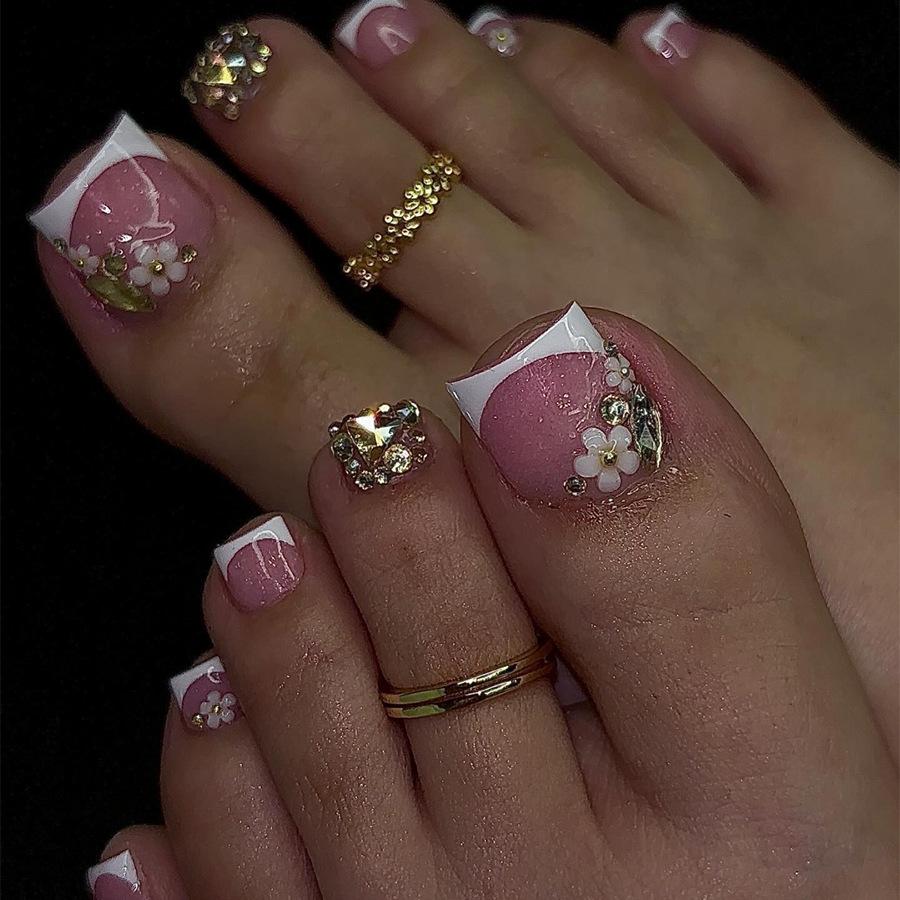 French Style Glitter Rhinestone Flower 3D Fake Toenail Tips