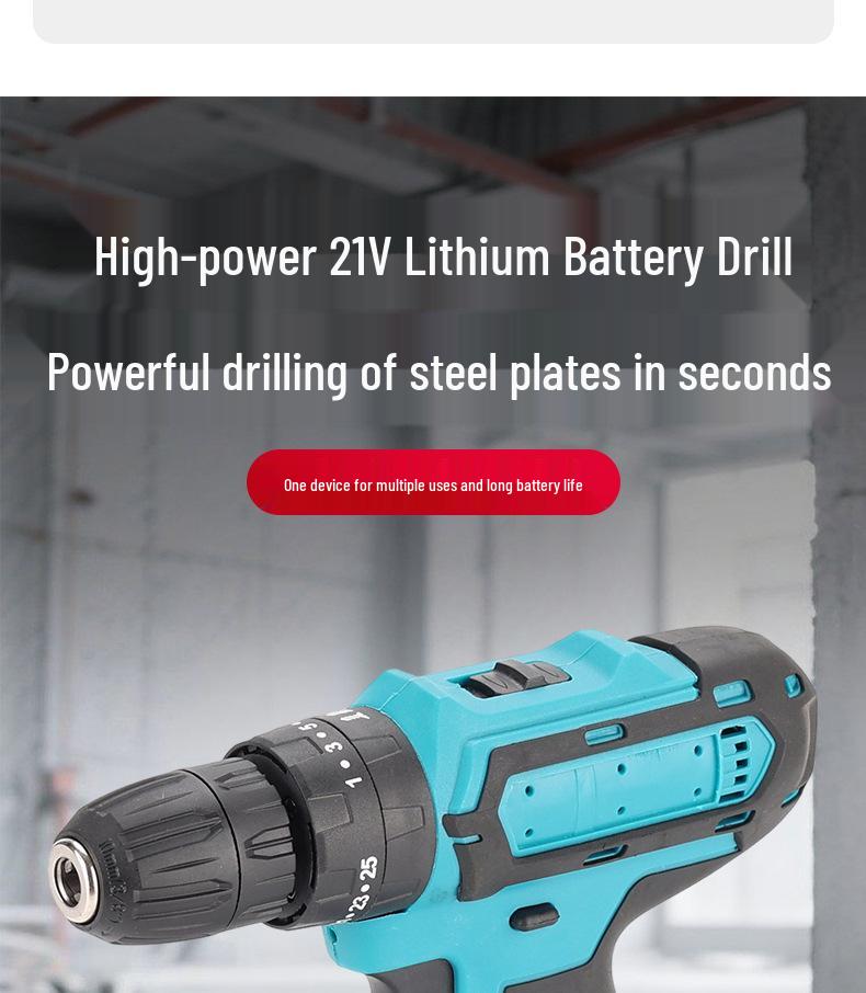 High-Power Multi-Functional Electric Drill with Hammer and Screwdriver Functions, Lithium Battery Powered.