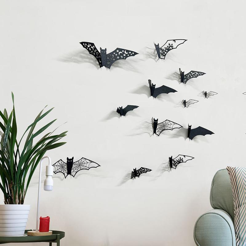 3D Bat Wall Stickers Hollow Out Black Bat Mini Halloween Decoration For DIY Halloween Party Horror House Scary Decal Decor TMZ