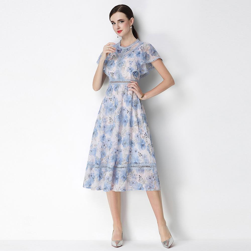 Vintage High-End O-Neck Short Sleeve Ruffle Lace Hollow Out Dress for Women's Summer Slim Elegant Long Dress Female Clothing