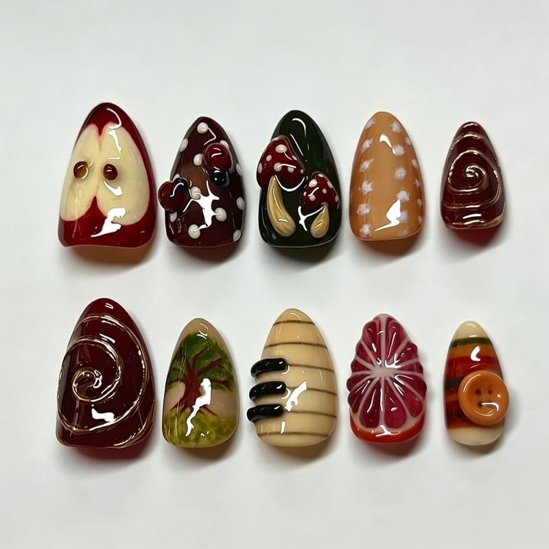 24PCS 3D Mushroom Almond Press on Nails Hand-painted Cute Apple Golden Spiral Polka Dot French Fake Nails Wearable Nail Manicure